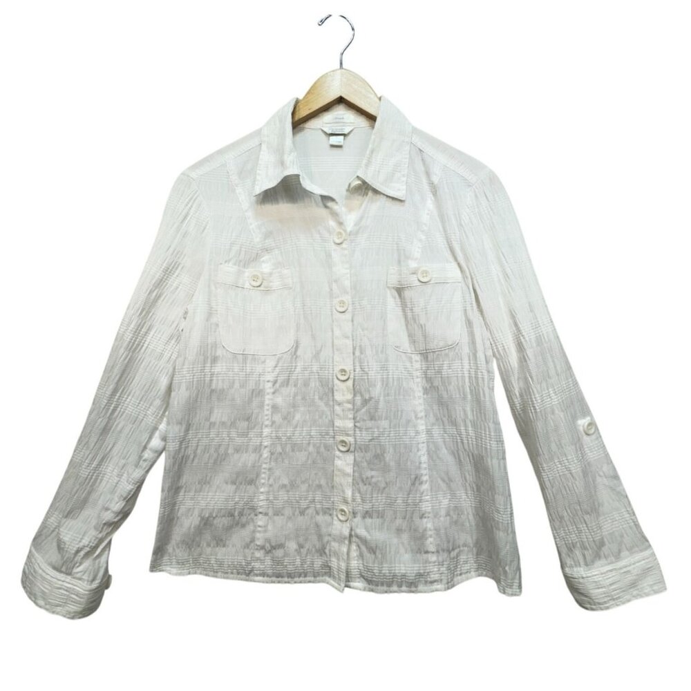 Christopher & Banks Womens Button Up Shirt Size XL White Textured Pockets Sheer